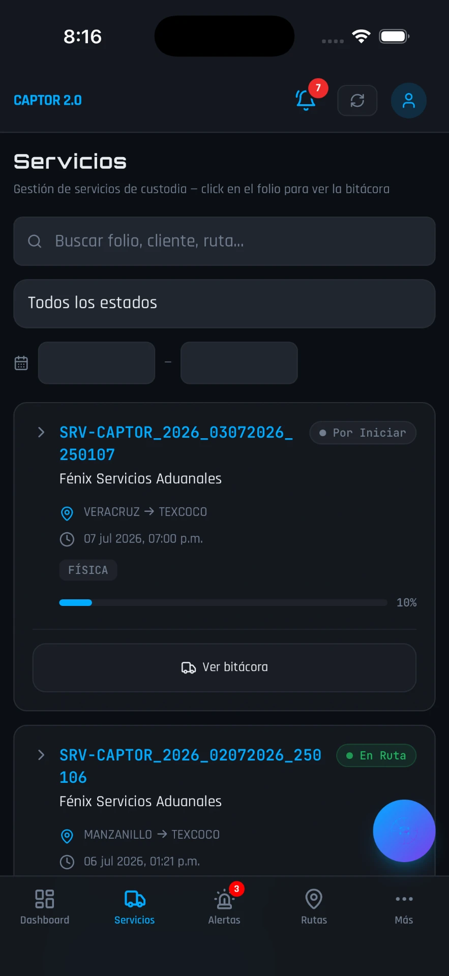 Listado de servicios de custodia con folio, ruta y avance en la app CAPTOR