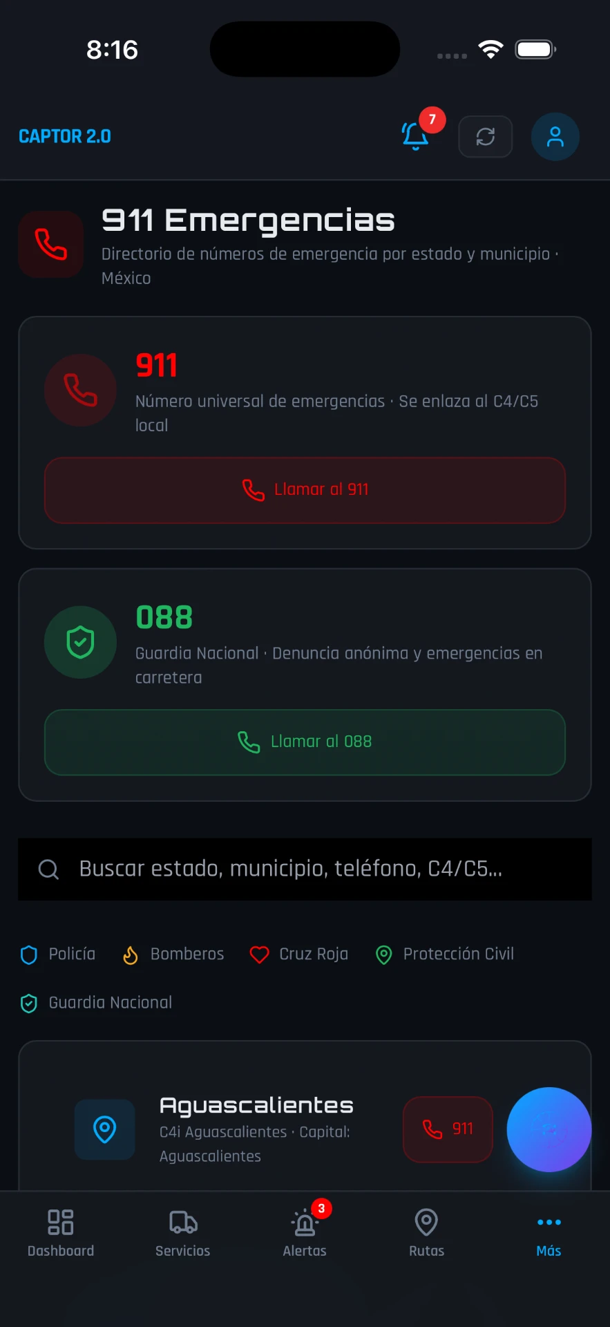 Directorio 911 y Guardia Nacional por estado en la app CAPTOR